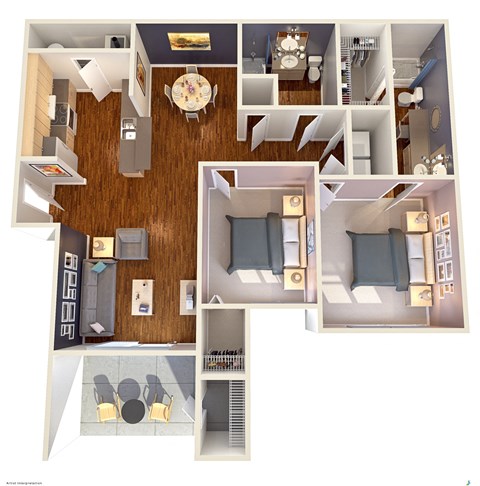Floor plan for 2 beds, 2 baths, 1086 sqft